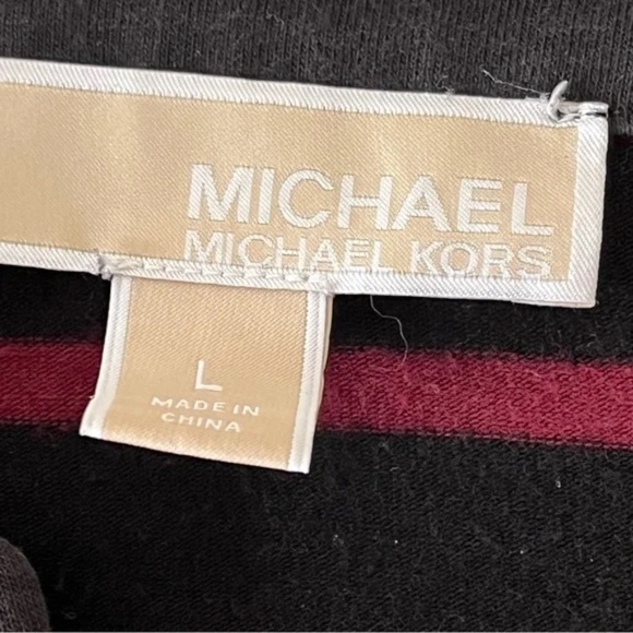 Michael Kors | Burgundy Black Striped Cotton V-Neck Henley Tee, Large - Picture 5 of 6